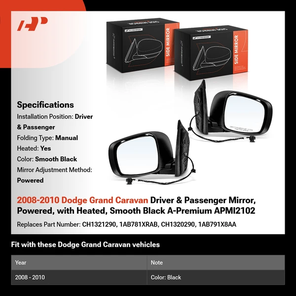 2008-2010 Dodge Grand Caravan Driver & Passenger Mirror, Powered, with Heated, Smooth Black A-Premium APMI2102