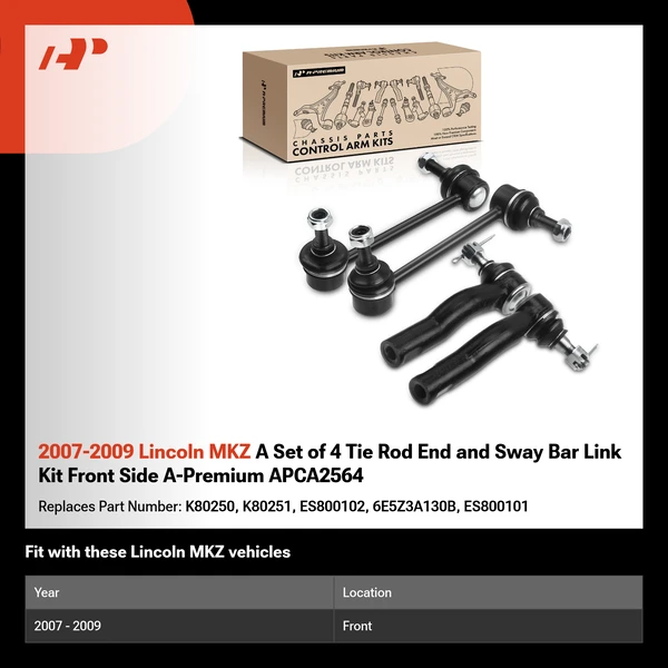 2007-2009 Lincoln MKZ A Set of 4 Tie Rod End and Sway Bar Link Kit Front Side A-Premium APCA2564