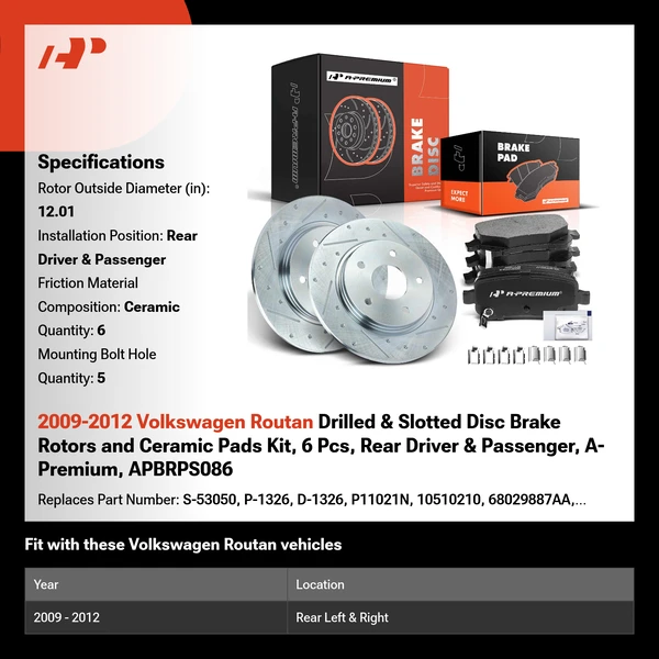 2009-2012 Volkswagen Routan Drilled & Slotted Disc Brake Rotors and Ceramic Pads Kit, 6 Pcs, Rear Driver & Passenger, A-Premium, APBRPS086