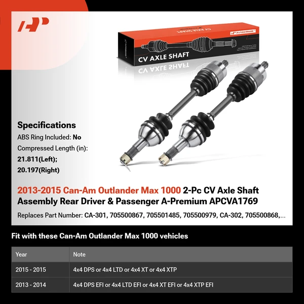 2013-2015 Can-Am Outlander Max 1000 2-Pc CV Axle Shaft Assembly Rear Driver & Passenger A-Premium APCVA1769