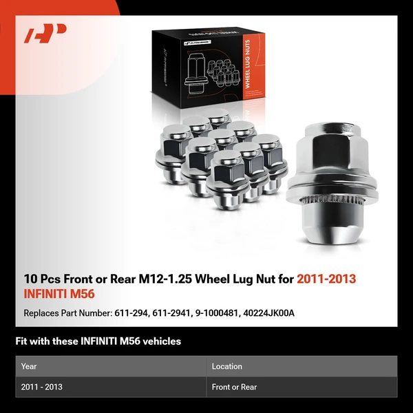 10 Pcs Front or Rear M12-1.25 Wheel Lug Nut for 2011-2013 INFINITI M56