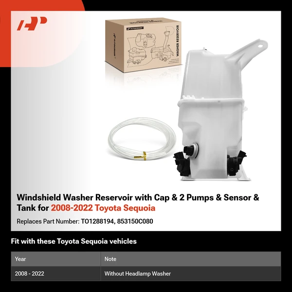 Windshield Washer Reservoir with Cap & 2 Pumps & Sensor & Tank for 2008-2022 Toyota Sequoia