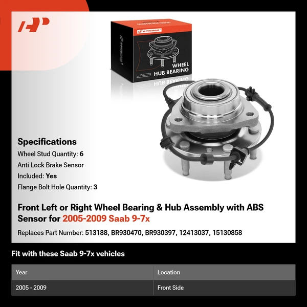 Front Left or Right Wheel Bearing & Hub Assembly with ABS Sensor for 2005-2009 Saab 9-7x