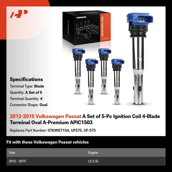 2012-2015 Volkswagen Passat A Set of 5-Pc Ignition Coil 4-Blade Terminal Oval A-Premium APIC1503