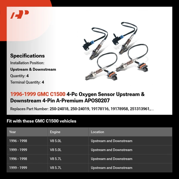 1996-1999 GMC C1500 4-Pc Oxygen Sensor Upstream & Downstream 4-Pin A-Premium APOS0207