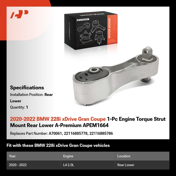 2020-2022 BMW 228i xDrive Gran Coupe 1-Pc Engine Torque Strut Mount Rear Lower A-Premium APEM1664