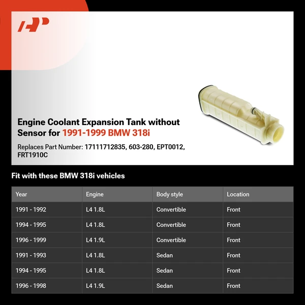 Engine Coolant Expansion Tank without Sensor for 1991-1999 BMW 318i