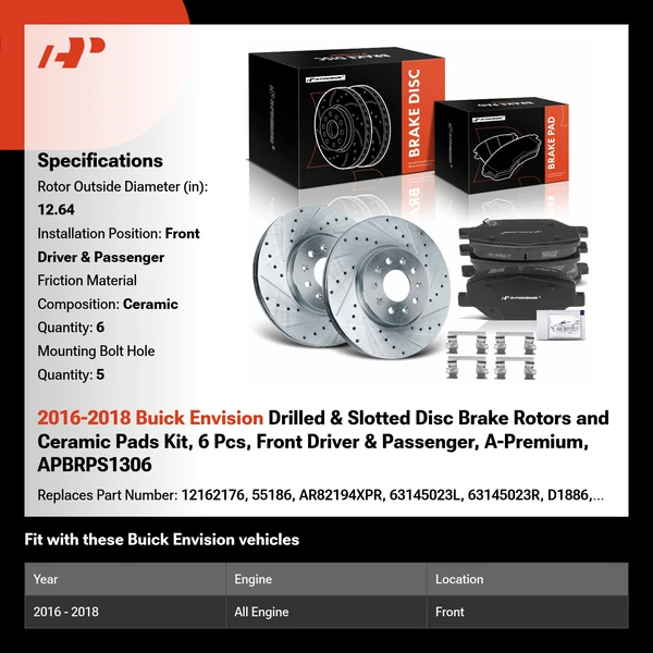 2016-2018 Buick Envision Drilled & Slotted Disc Brake Rotors and Ceramic Pads Kit, 6 Pcs, Front Driver & Passenger, A-Premium, APBRPS1306