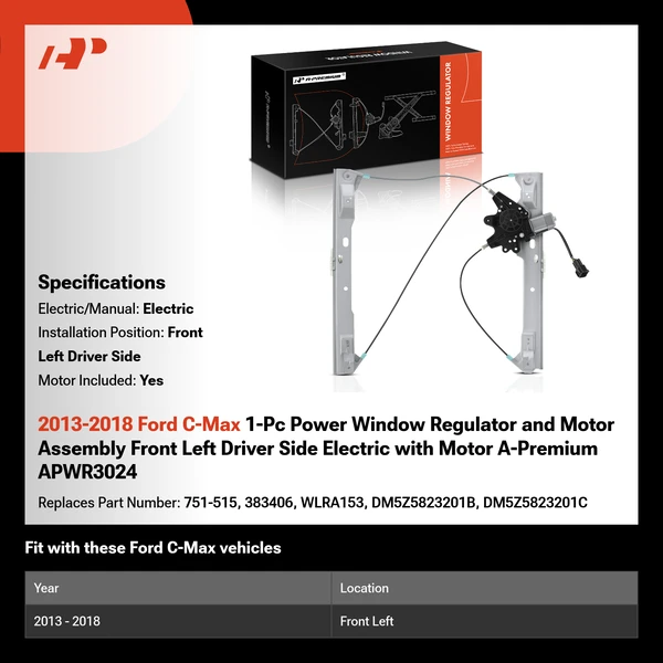 2013-2018 Ford C-Max 1-Pc Power Window Regulator and Motor Assembly Front Left Driver Side Electric with Motor A-Premium APWR3024