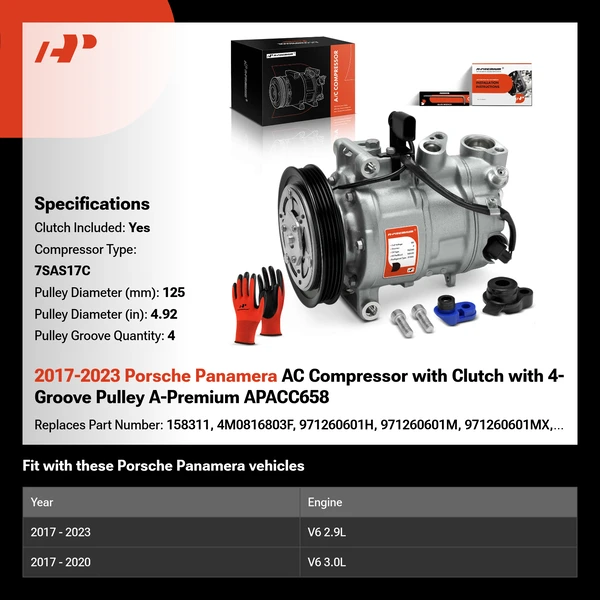 2017-2023 Porsche Panamera AC Compressor with Clutch with 4-Groove Pulley A-Premium APACC658