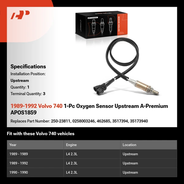 1989-1992 Volvo 740 1-Pc Oxygen Sensor Upstream A-Premium APOS1859