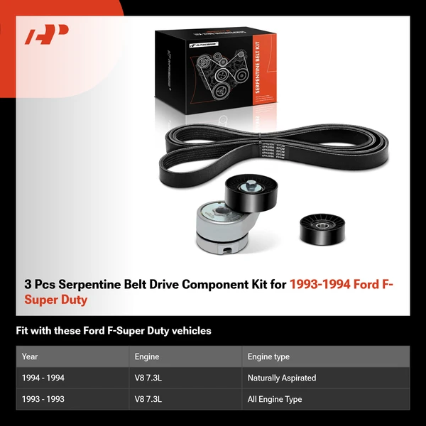 3 Pcs Serpentine Belt Drive Component Kit for 1993-1994 Ford F-Super Duty