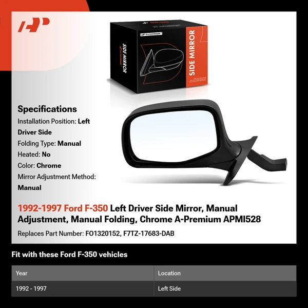 1992-1997 Ford F-350 Left Driver Side Mirror, Manual Adjustment, Manual Folding, Chrome A-Premium APMI528