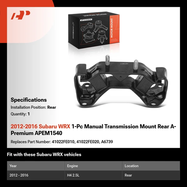 2012-2016 Subaru WRX 1-Pc Manual Transmission Mount Rear A-Premium APEM1540