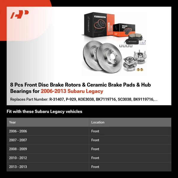 8 Pcs Front Disc Brake Rotors & Ceramic Brake Pads & Hub Bearings for 2006-2013 Subaru Legacy
