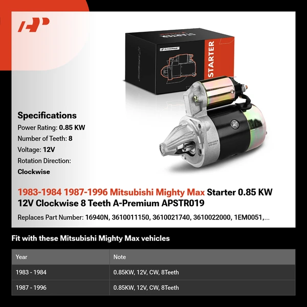 1983-1984 1987-1996 Mitsubishi Mighty Max Starter 0.85 KW 12V Clockwise 8 Teeth A-Premium APSTR019