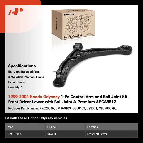 1999-2004 Honda Odyssey 1-Pc Control Arm and Ball Joint Kit, Front Driver Lower with Ball Joint A-Premium APCA8512