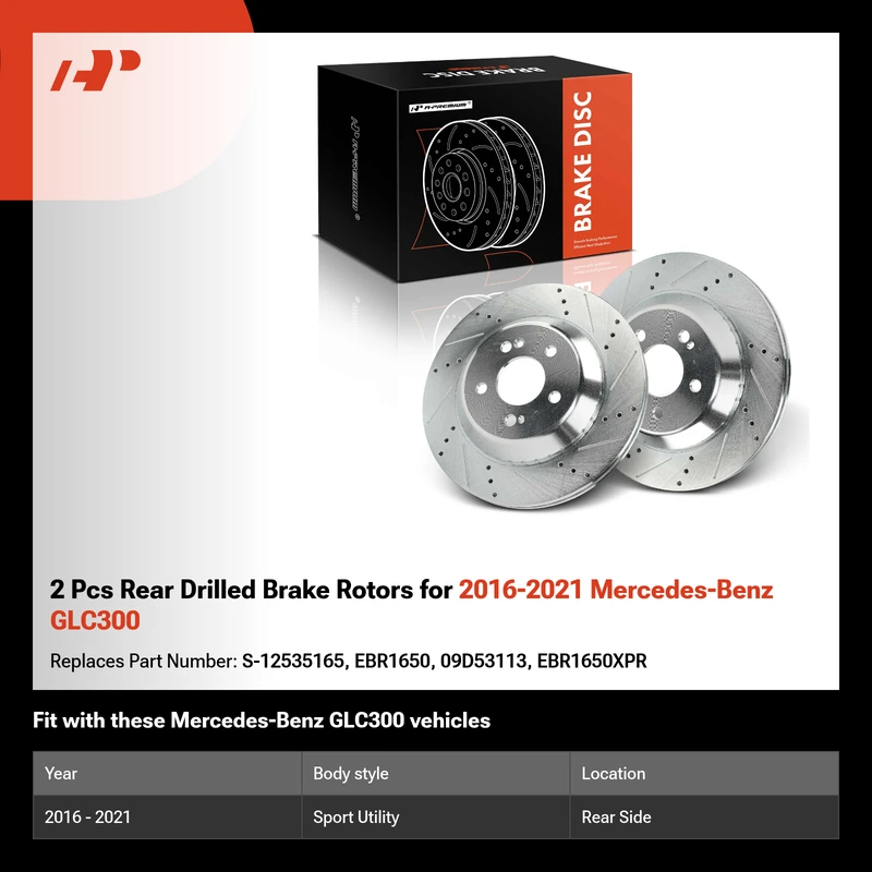 2 Pcs Rear Drilled Brake Rotors for 2016-2021 Mercedes-Benz GLC300