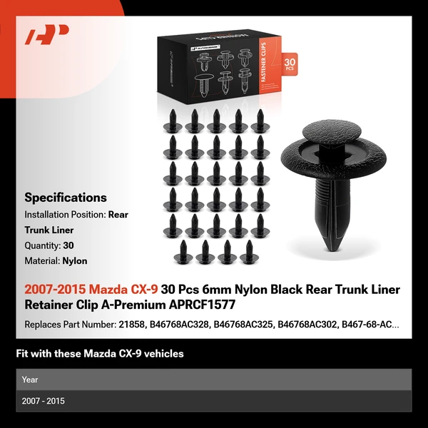 2007-2015 Mazda CX-9 30 Pcs 6mm Nylon Black Rear Trunk Liner Retainer Clip A-Premium APRCF1577