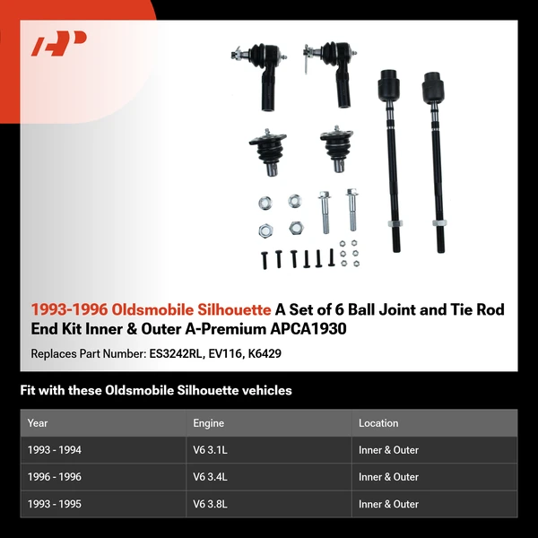1993-1996 Oldsmobile Silhouette A Set of 6 Ball Joint and Tie Rod End Kit Inner & Outer A-Premium APCA1930