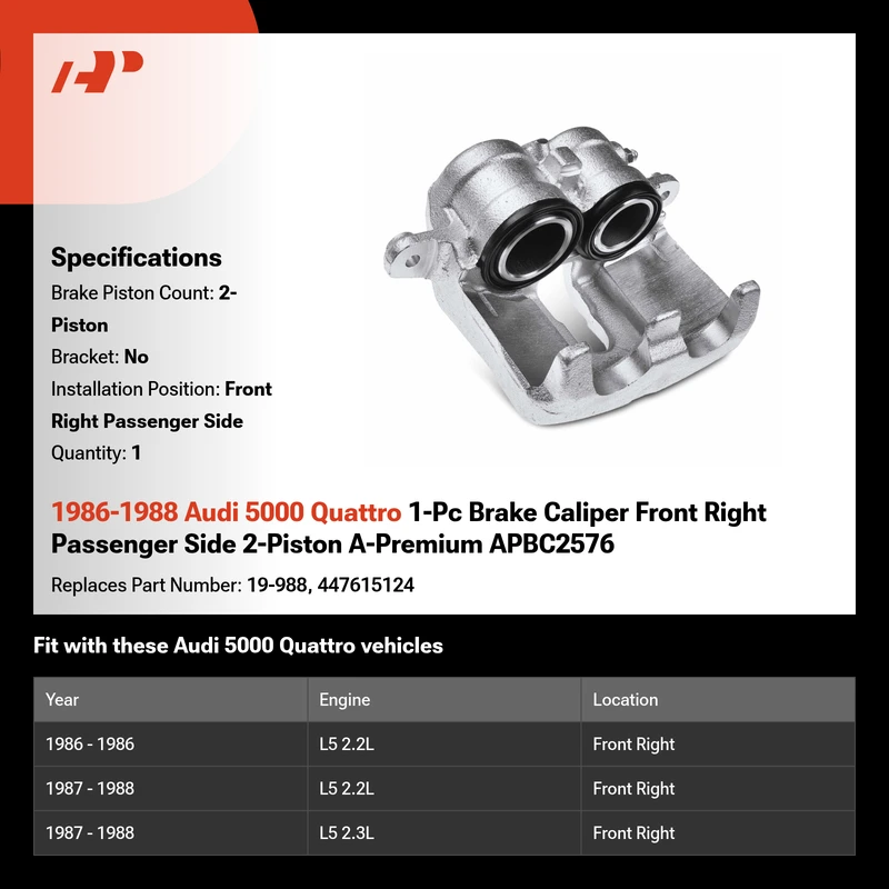 1986-1988 Audi 5000 Quattro 1-Pc Brake Caliper Front Right Passenger Side 2-Piston A-Premium APBC2576