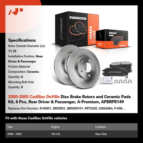 2000-2005 Cadillac DeVille Disc Brake Rotors and Ceramic Pads Kit, 6 Pcs, Rear Driver & Passenger, A-Premium, APBRPR149