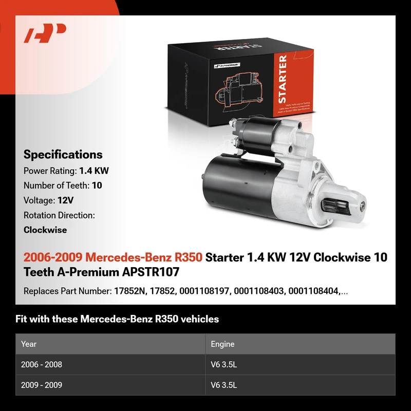2006-2009 Mercedes-Benz R350 Starter 1.4 KW 12V Clockwise 10 Teeth A-Premium APSTR107
