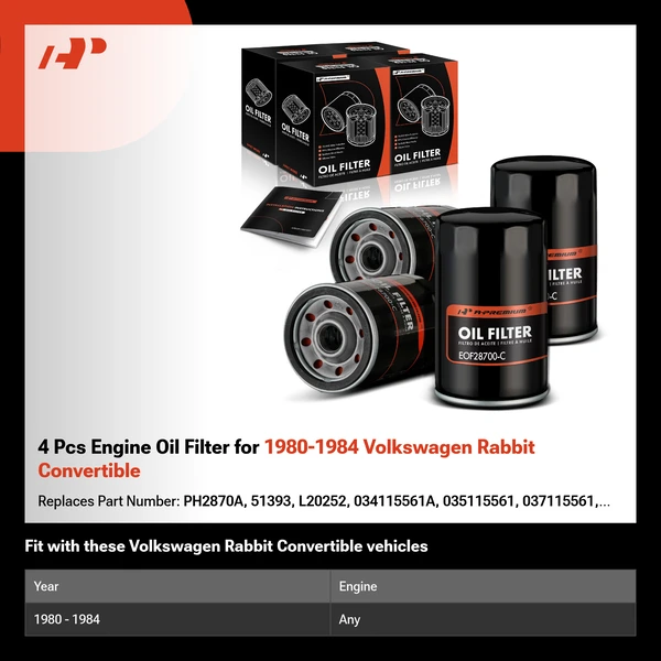 4 Pcs Engine Oil Filter for 1980-1984 Volkswagen Rabbit Convertible