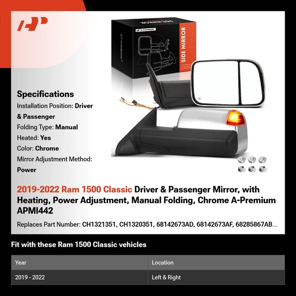 2019-2022 Ram 1500 Classic Driver & Passenger Mirror, with Heating, Power Adjustment, Manual Folding, Chrome A-Premium APMI442
