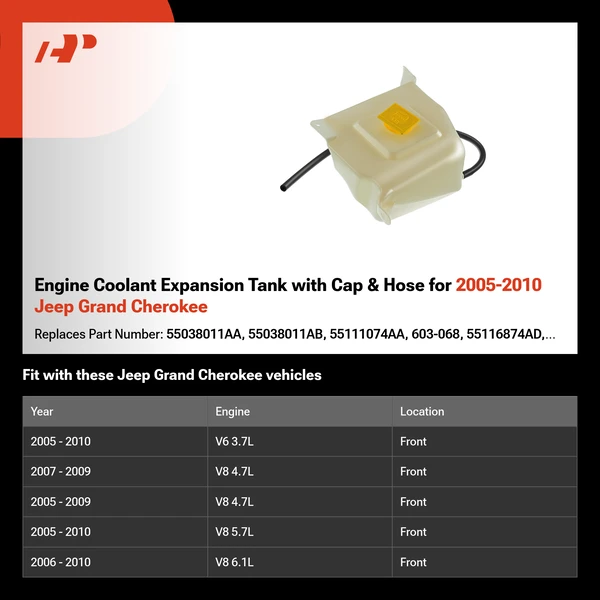Engine Coolant Expansion Tank with Cap & Hose for 2005-2010 Jeep Grand Cherokee