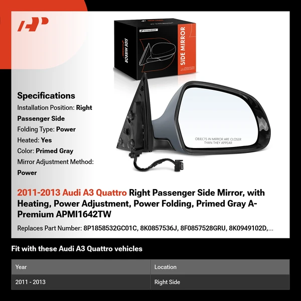 2011-2013 Audi A3 Quattro Right Passenger Side Mirror, with Heating, Power Adjustment, Power Folding, Primed Gray A-Premium APMI1642TW