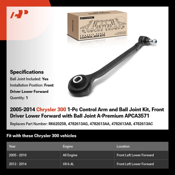 2005-2014 Chrysler 300 1-Pc Control Arm and Ball Joint Kit, Front Driver Lower Forward with Ball Joint A-Premium APCA3571
