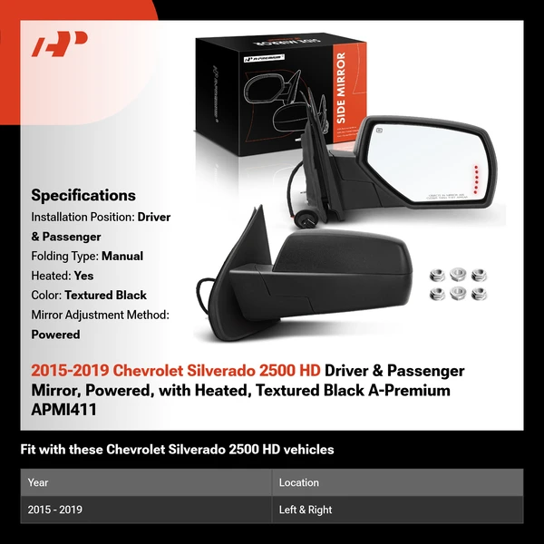 2015-2019 Chevrolet Silverado 2500 HD Driver & Passenger Mirror, Powered, with Heated, Textured Black A-Premium APMI411