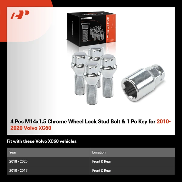 4 Pcs M14x1.5 Chrome Wheel Lock Stud Bolt & 1 Pc Key for 2010-2020 Volvo XC60