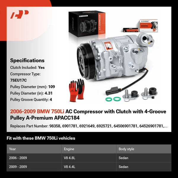 2006-2009 BMW 750Li AC Compressor with Clutch with 4-Groove Pulley A-Premium APACC184