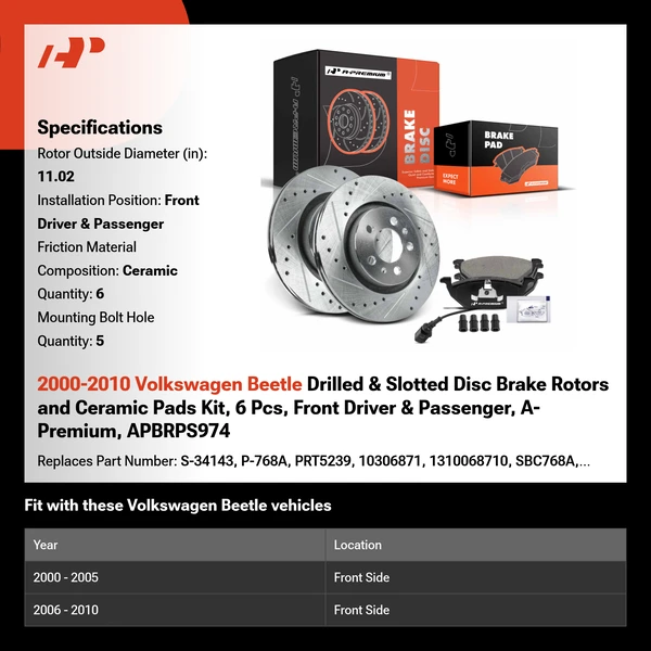 2000-2010 Volkswagen Beetle Drilled & Slotted Disc Brake Rotors and Ceramic Pads Kit, 6 Pcs, Front Driver & Passenger, A-Premium, APBRPS974