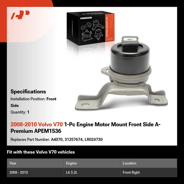 2008-2010 Volvo V70 1-Pc Engine Motor Mount Front Side A-Premium APEM1536