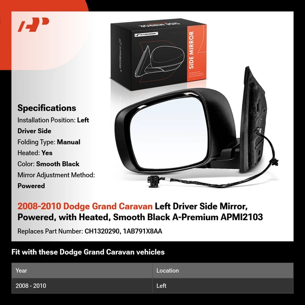 2008-2010 Dodge Grand Caravan Left Driver Side Mirror, Powered, with Heated, Smooth Black A-Premium APMI2103