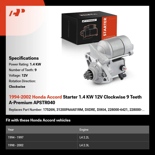 1994-2002 Honda Accord Starter 1.4 KW 12V Clockwise 9 Teeth A-Premium APSTR040