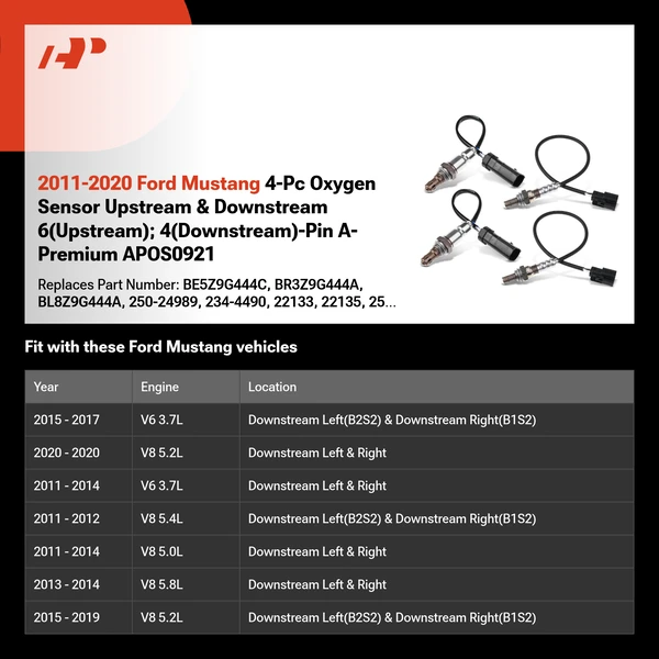 2011-2020 Ford Mustang 4-Pc Oxygen Sensor Upstream & Downstream 6(Upstream); 4(Downstream)-Pin A-Premium APOS0921
