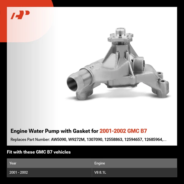 Engine Water Pump with Gasket for 2001-2002 GMC B7