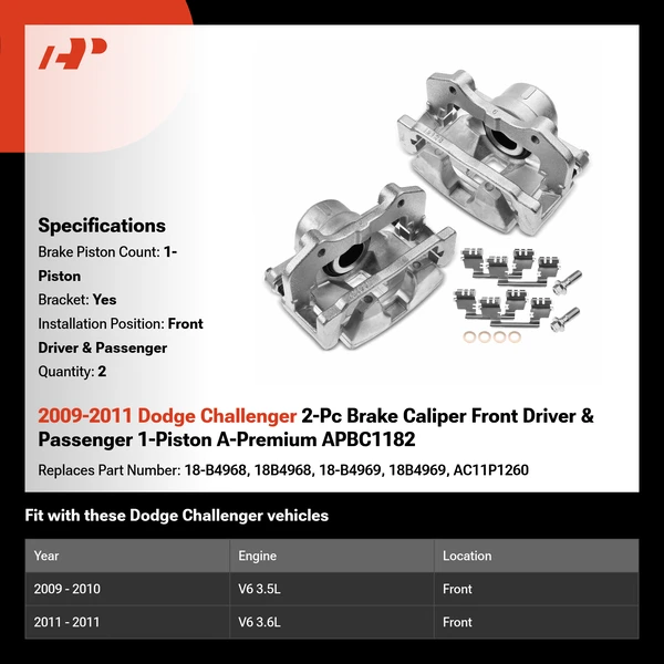 2009-2011 Dodge Challenger 2-Pc Brake Caliper Front Driver & Passenger 1-Piston A-Premium APBC1182