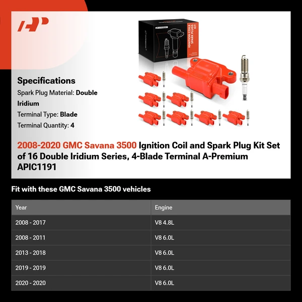 2008-2020 GMC Savana 3500 Ignition Coil and Spark Plug Kit Set of 16 Double Iridium Series, 4-Blade Terminal A-Premium APIC1191