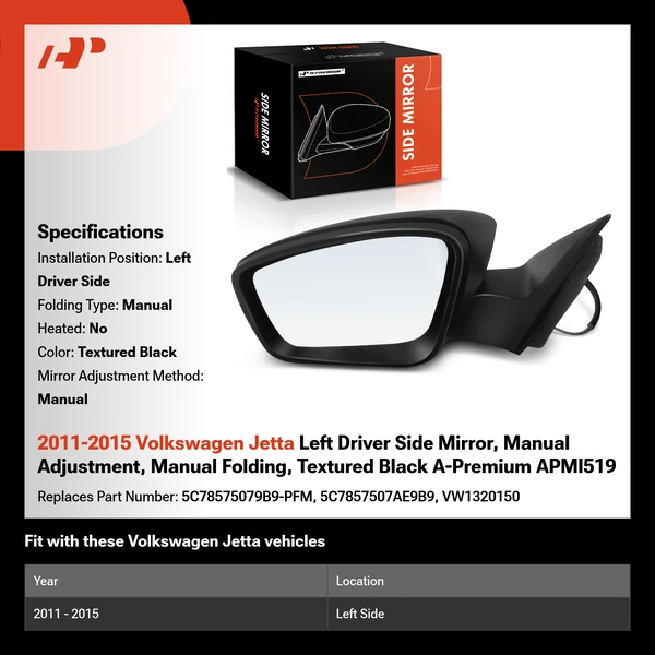 2011-2015 Volkswagen Jetta Left Driver Side Mirror, Manual Adjustment, Manual Folding, Textured Black A-Premium APMI519