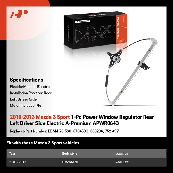 2010-2013 Mazda 3 Sport 1-Pc Power Window Regulator Rear Left Driver Side Electric A-Premium APWR0643