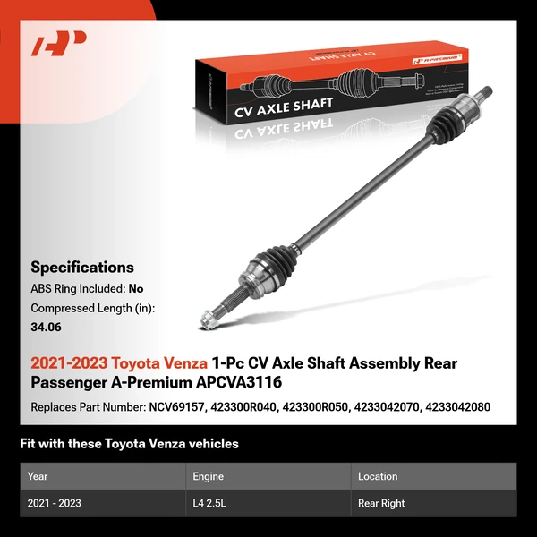 2021-2023 Toyota Venza 1-Pc CV Axle Shaft Assembly Rear Passenger A-Premium APCVA3116