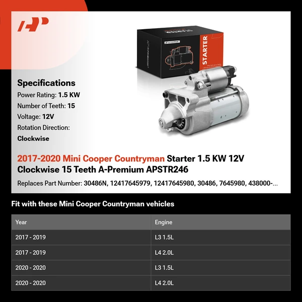 2017-2020 Mini Cooper Countryman Starter 1.5 KW 12V Clockwise 15 Teeth A-Premium APSTR246