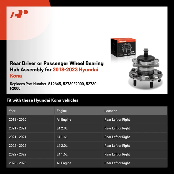 Rear Driver or Passenger Wheel Bearing Hub Assembly for 2018-2023 Hyundai Kona
