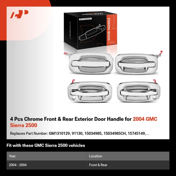 4 Pcs Chrome Front & Rear Exterior Door Handle for 2004 GMC Sierra 2500