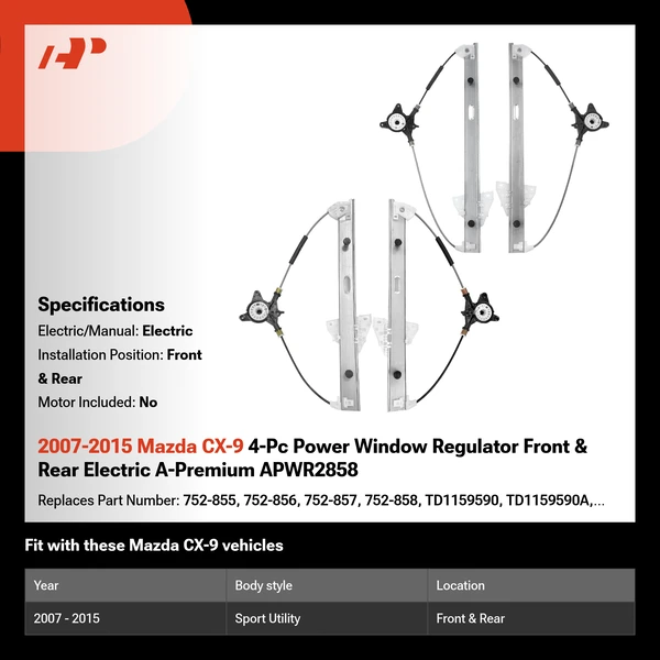 2007-2015 Mazda CX-9 4-Pc Power Window Regulator Front & Rear Electric A-Premium APWR2858